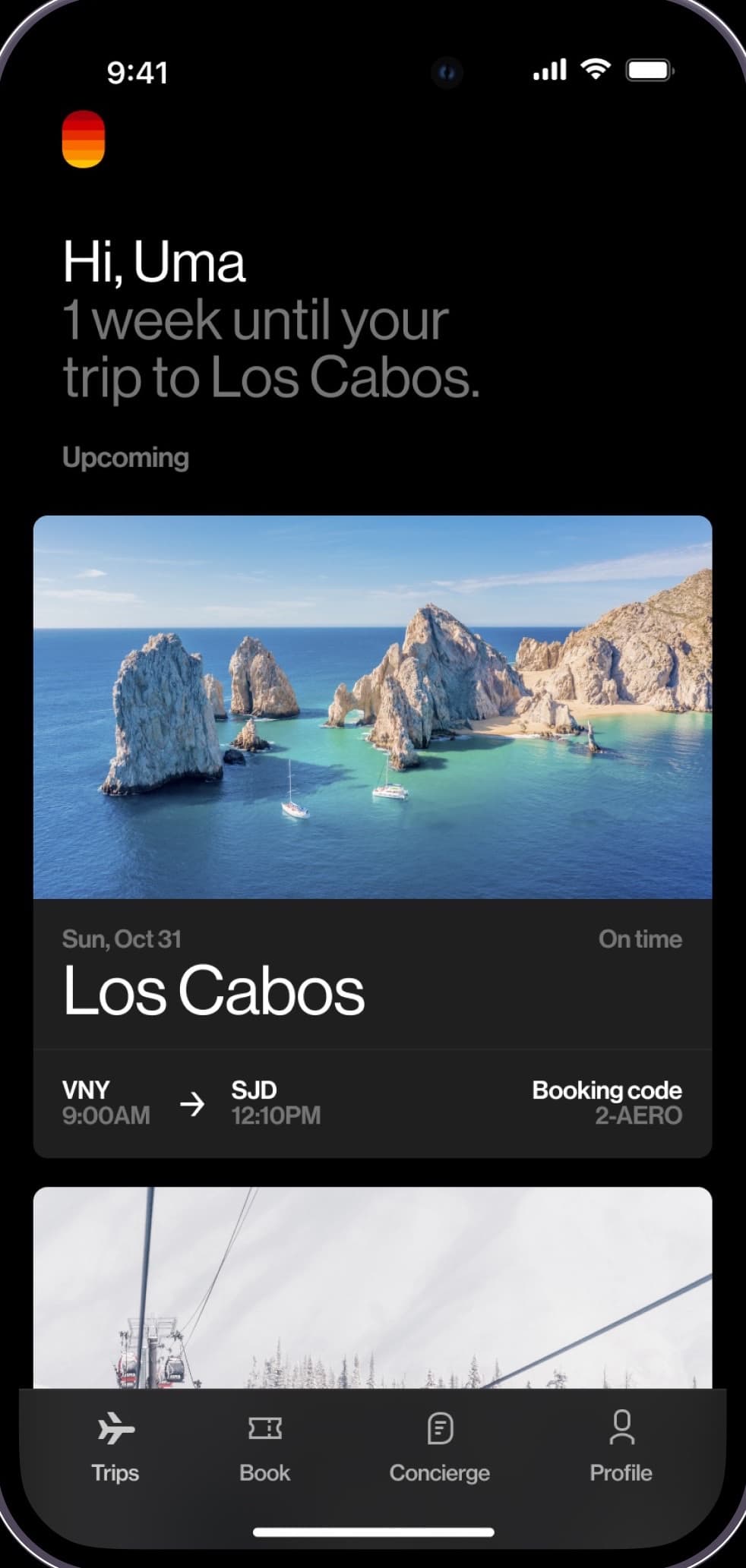 Aero iOS app: 'Hi, Uma. 1 week until your trip to Los Cabos', with the upcoming flight card