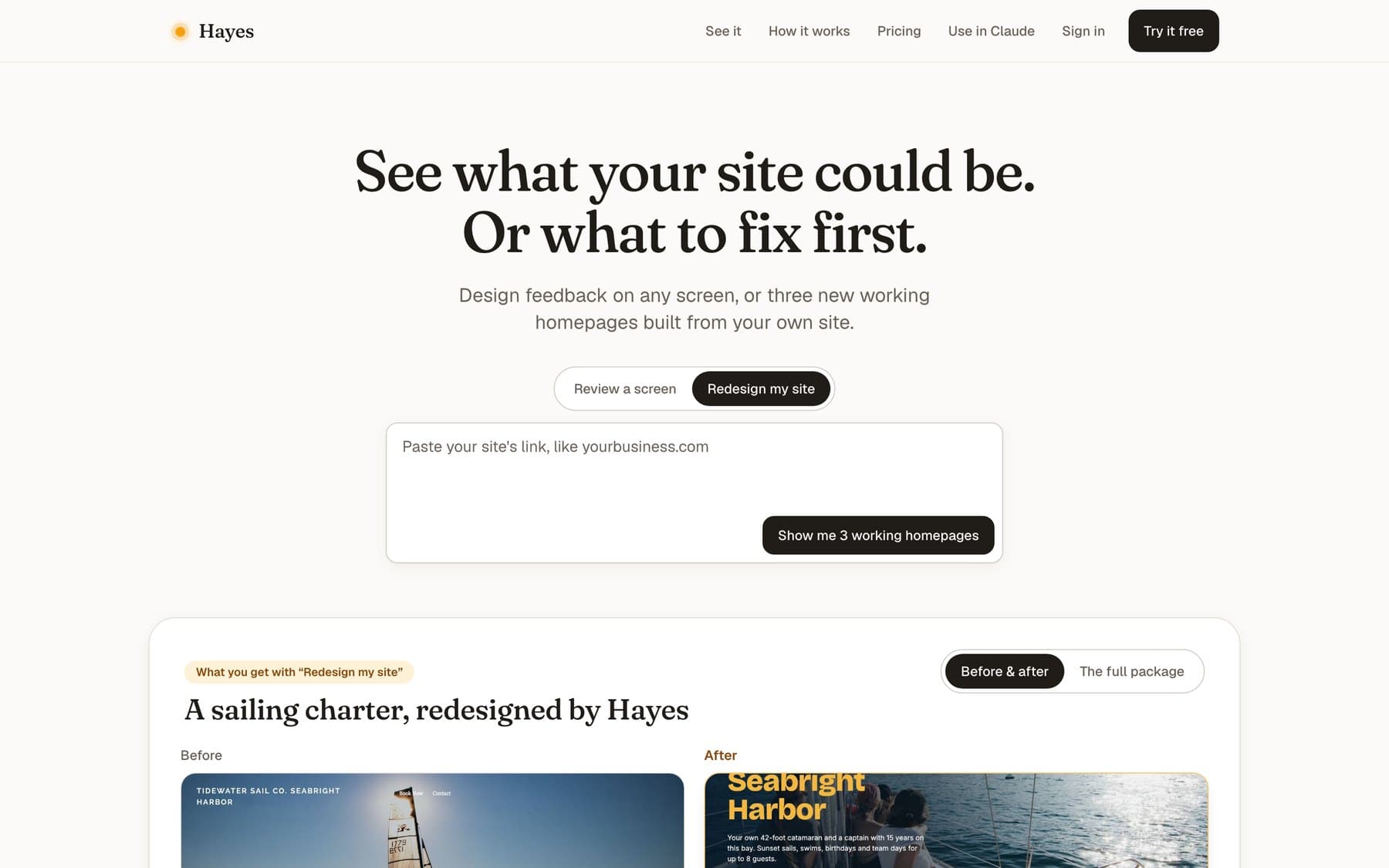 Hayes homepage: 'See what your site could be. Or what to fix first.', with Review a screen and Redesign my site options